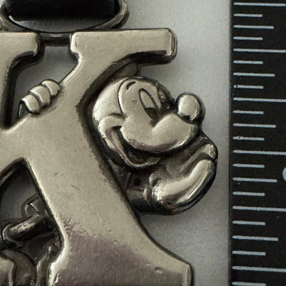 Disney Mickey Mouse Letter K Keychain Black Leather Strap Silver Tone‎